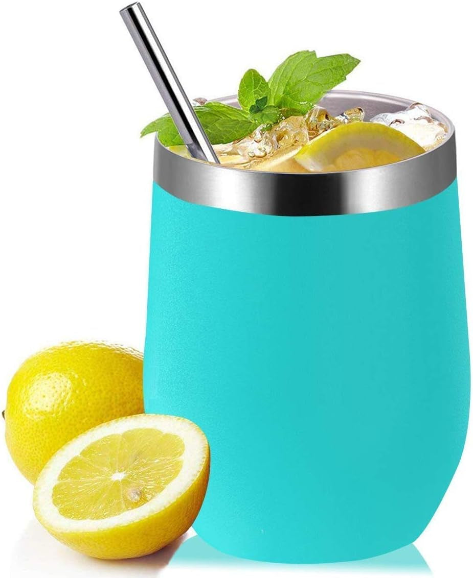 6 Pack Mix Color 12 Oz Stainless Steel Stemless Wine Glass Tumbler Double Wall Vacuum Insulated Bulk Wine Tumbler with Lids and Straw Set of 6 Assorted Color,Gift Pack for Coffee, Wine