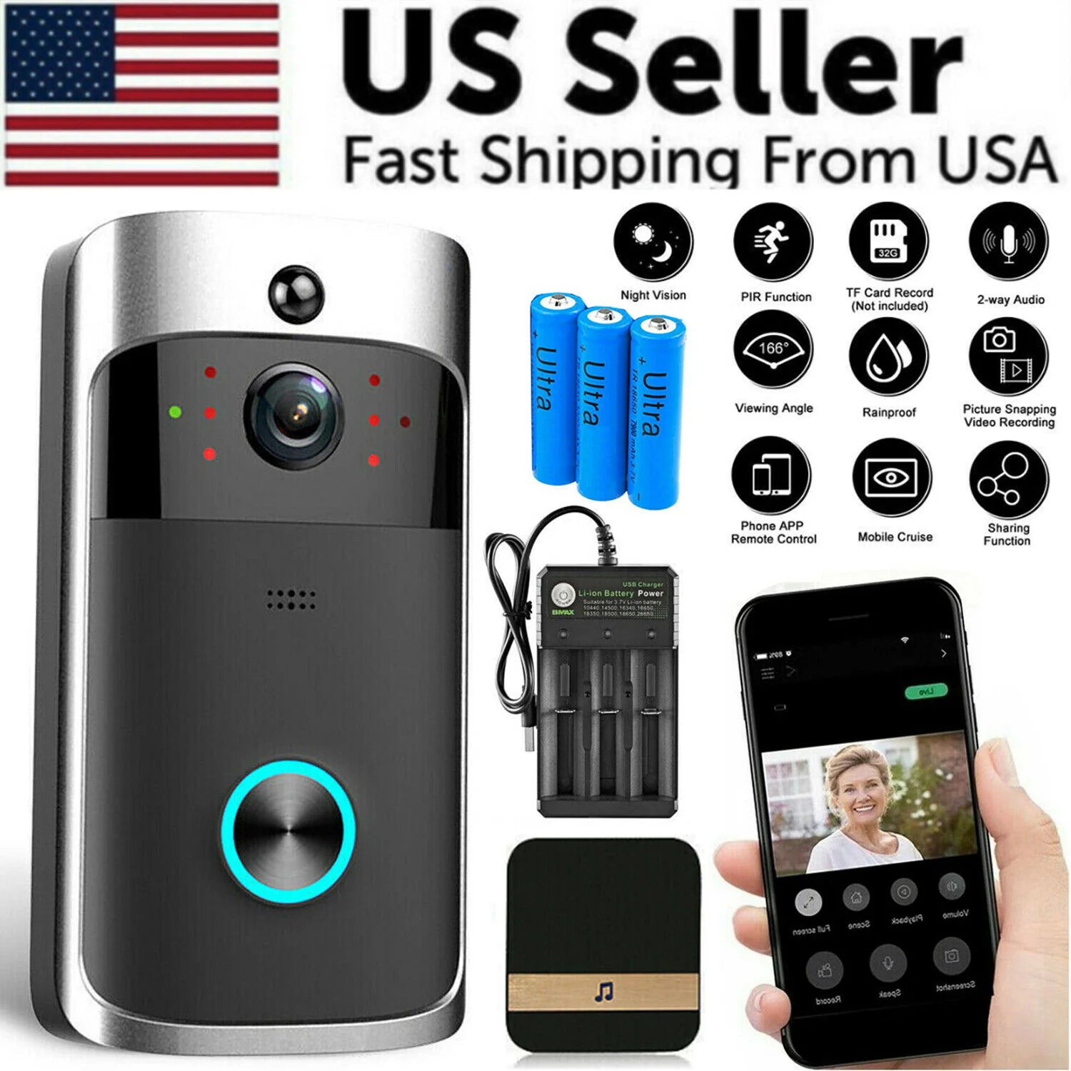 Smart WiFi Video Doorbell Camera with Night Vision & 2-Way Audio.