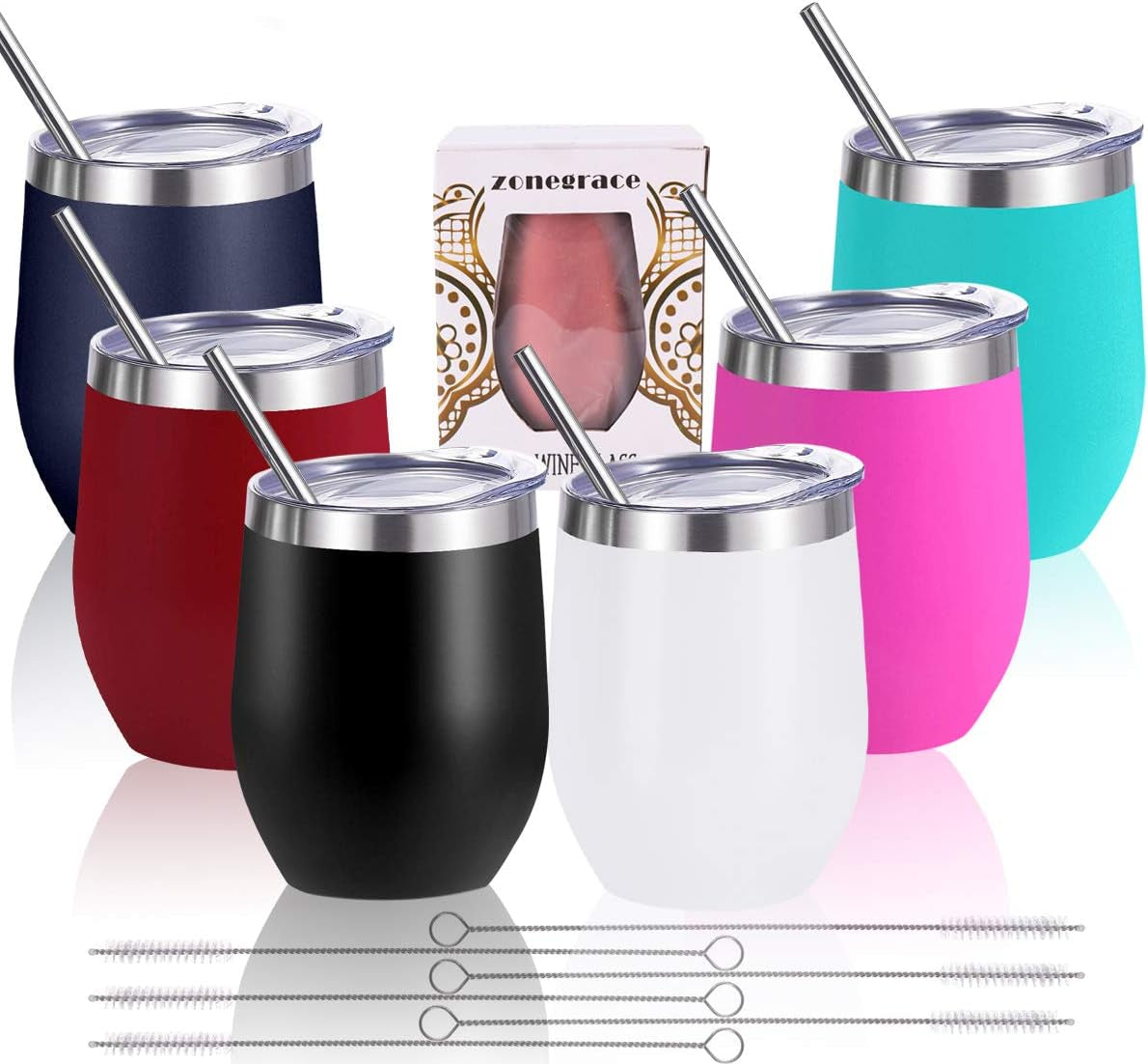 6 Pack Mix Color 12 Oz Stainless Steel Stemless Wine Glass Tumbler Double Wall Vacuum Insulated Bulk Wine Tumbler with Lids and Straw Set of 6 Assorted Color,Gift Pack for Coffee, Wine