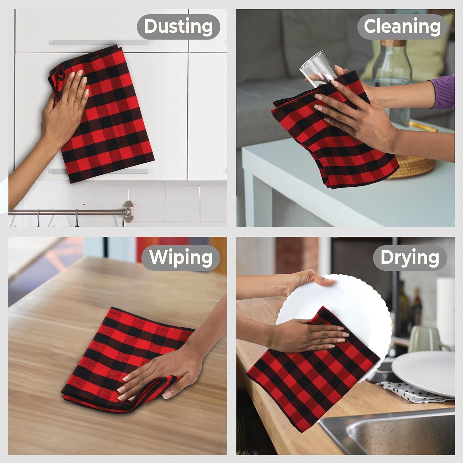 Buffalo Checks Kitchen Towels Set of 6 - Red/Black - 20X30 Inches - 100% Cotton - Highly Absorbent - Premium Quality - Ultra Soft - Mitered Corners