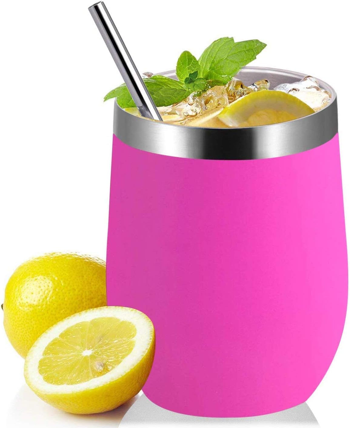 6 Pack Mix Color 12 Oz Stainless Steel Stemless Wine Glass Tumbler Double Wall Vacuum Insulated Bulk Wine Tumbler with Lids and Straw Set of 6 Assorted Color,Gift Pack for Coffee, Wine