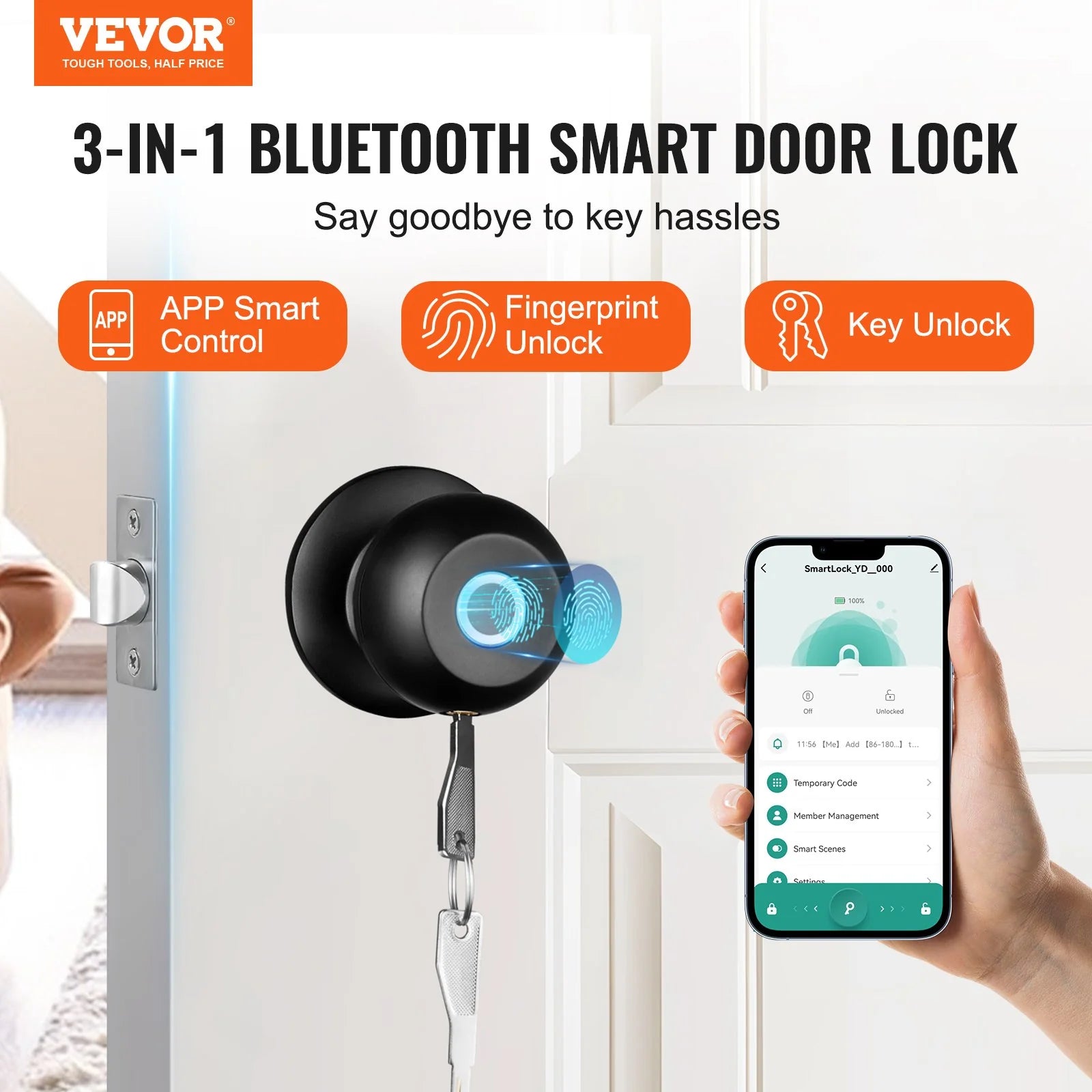 VEVOR Biometric Smart Door Lock – Fingerprint & Bluetooth, App Control, Black.