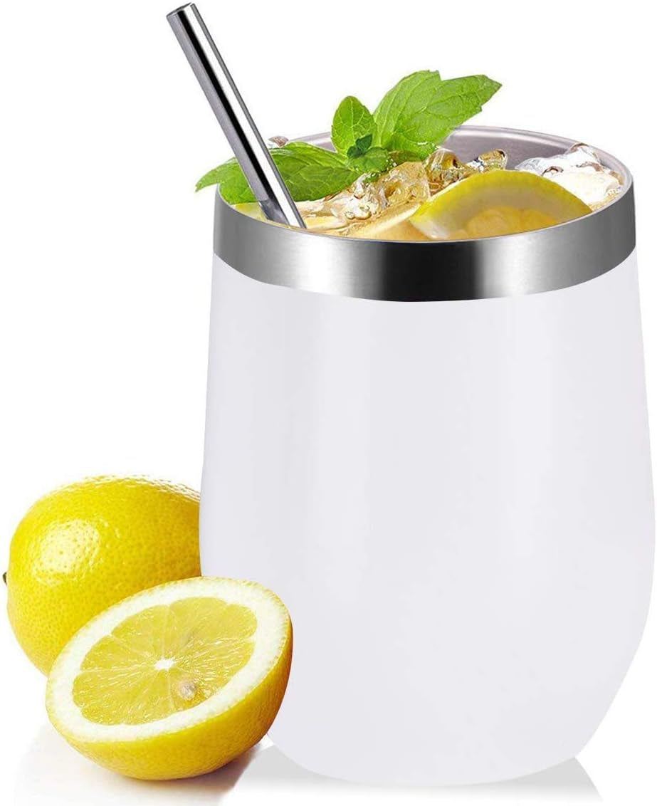 6 Pack Mix Color 12 Oz Stainless Steel Stemless Wine Glass Tumbler Double Wall Vacuum Insulated Bulk Wine Tumbler with Lids and Straw Set of 6 Assorted Color,Gift Pack for Coffee, Wine