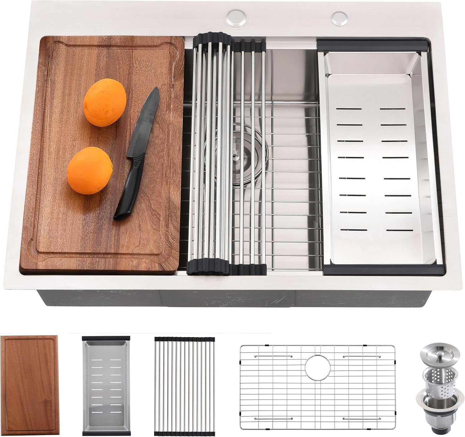 33" Drop-In Workstation Kitchen Sink – 16 Gauge Stainless Steel, Single Bowl with Accessories