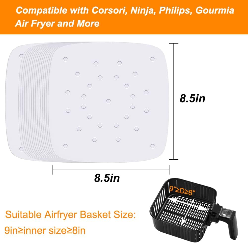 Air Fryer Parchment Paper, Set of 200, 8.5 Inch Square Airfryer Liners/Steaming Parchment Liner/Perforated Parchment Paper for Air Fryer, Steaming Basket and More