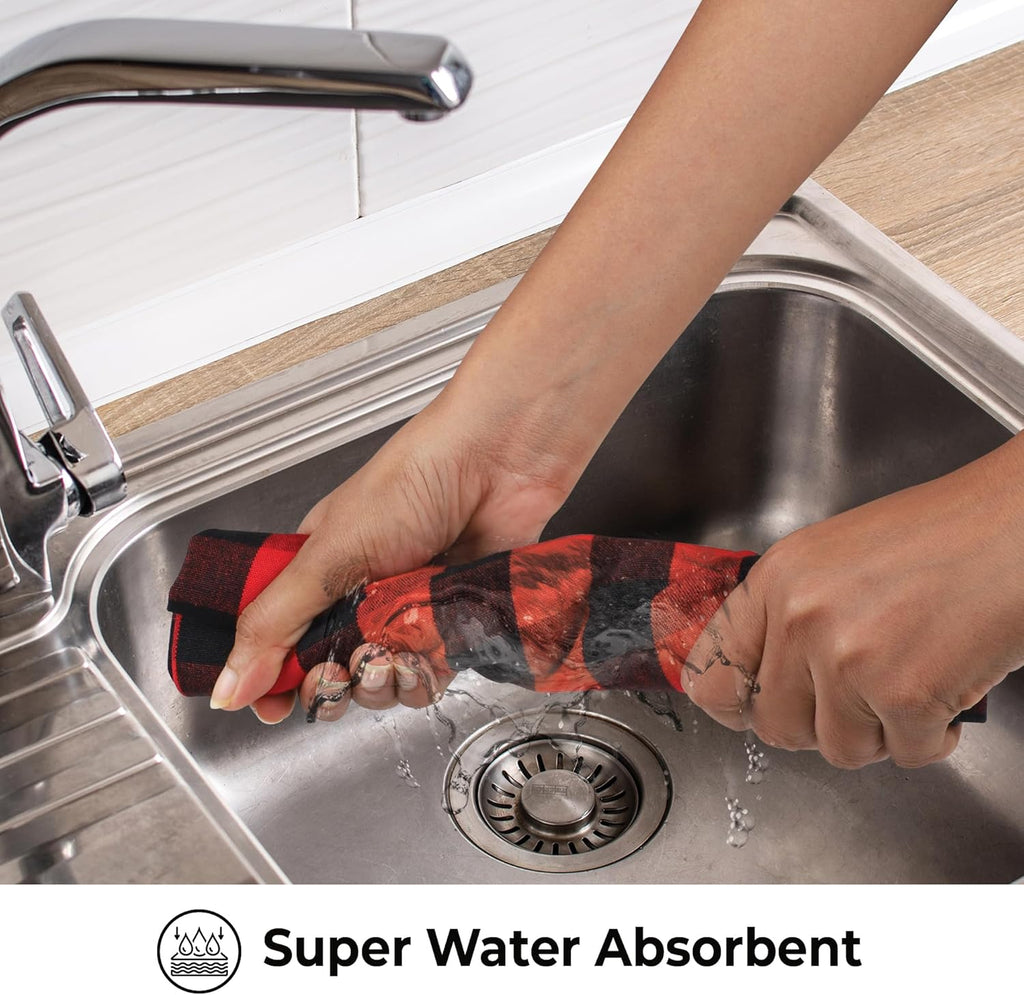 Buffalo Checks Kitchen Towels Set of 6 - Red/Black - 20X30 Inches - 100% Cotton - Highly Absorbent - Premium Quality - Ultra Soft - Mitered Corners