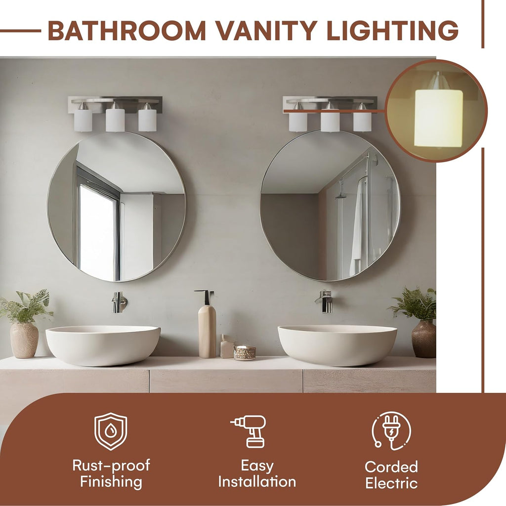 Vanity Light Fixture - Interior Bathroom Lighting Bar with Modern Milk Glass Shade - Bathroom Lights over Mirror Fixture for Powder Room - Brushed Nickel, 3 Lights, E26, Bulbs Not Included
