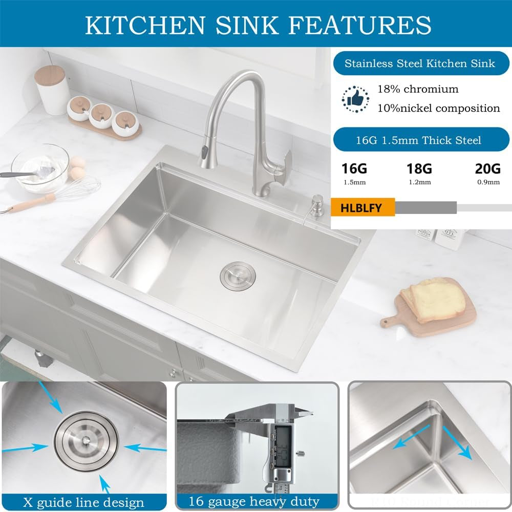 33" Drop-In Workstation Kitchen Sink – 16 Gauge Stainless Steel, Single Bowl with Accessories